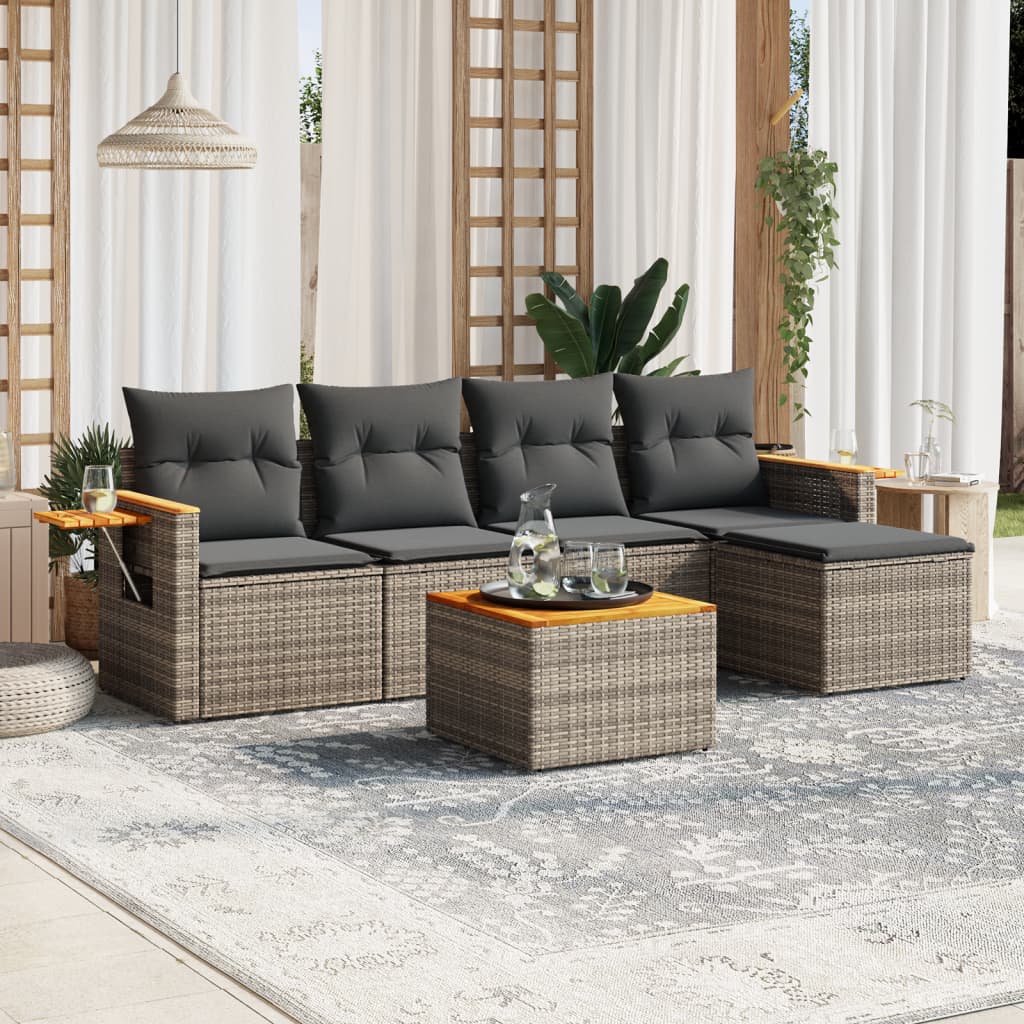 6 Pcs conjunto sofás de jardim com almofadões vime cinzento