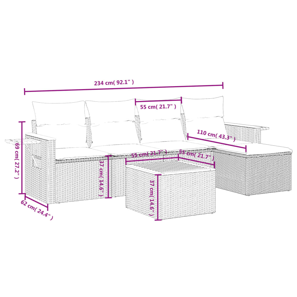 6 Pcs conjunto sofás de jardim com almofadões vime cinzento
