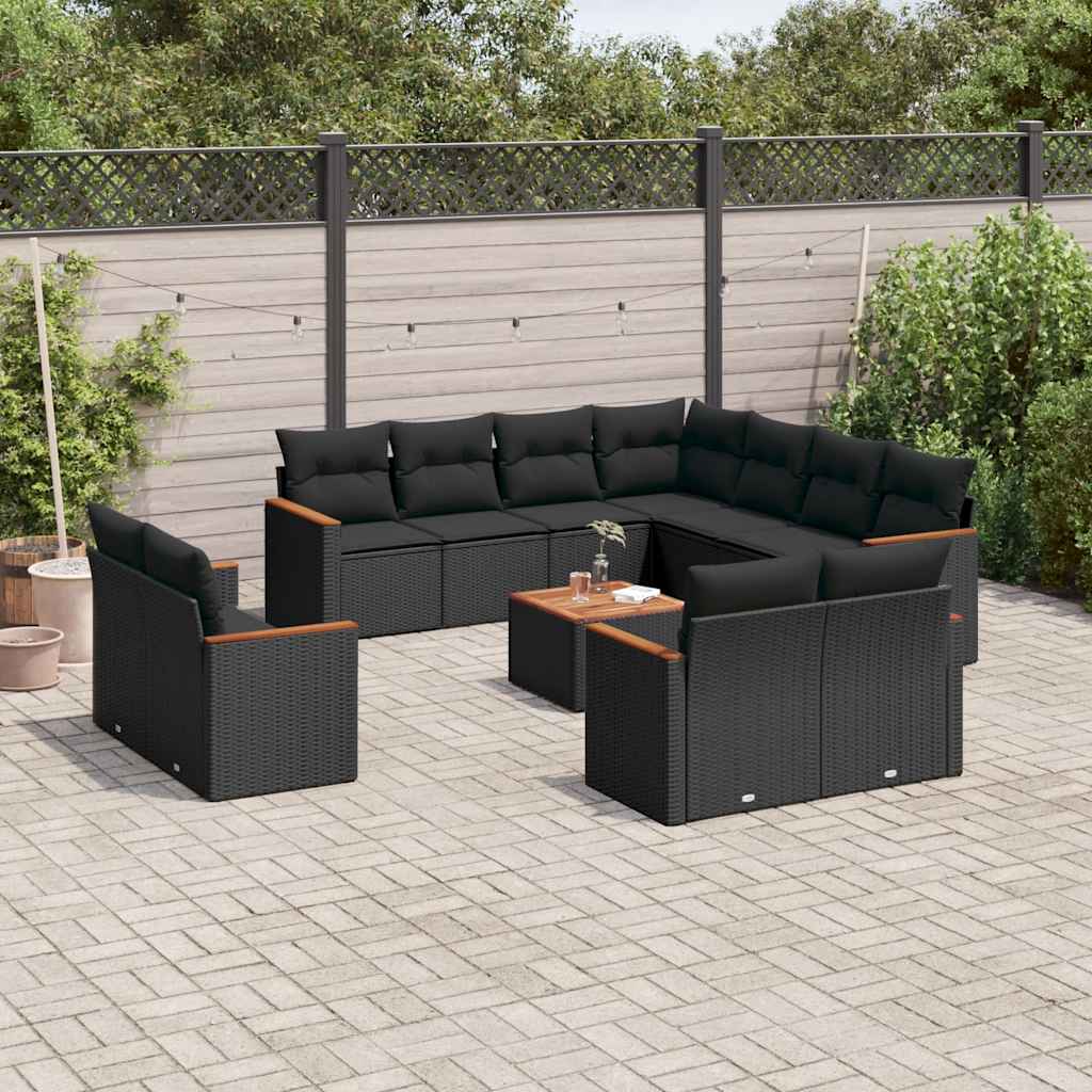 12 Pcs conjunto de sofás de jardim c/ almofadões vime PE preto