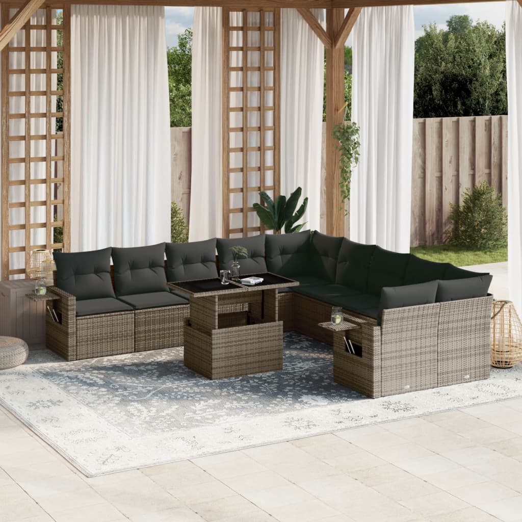 11 Pcs conjunto sofás de jardim c/ almofadões vime PE cinzento