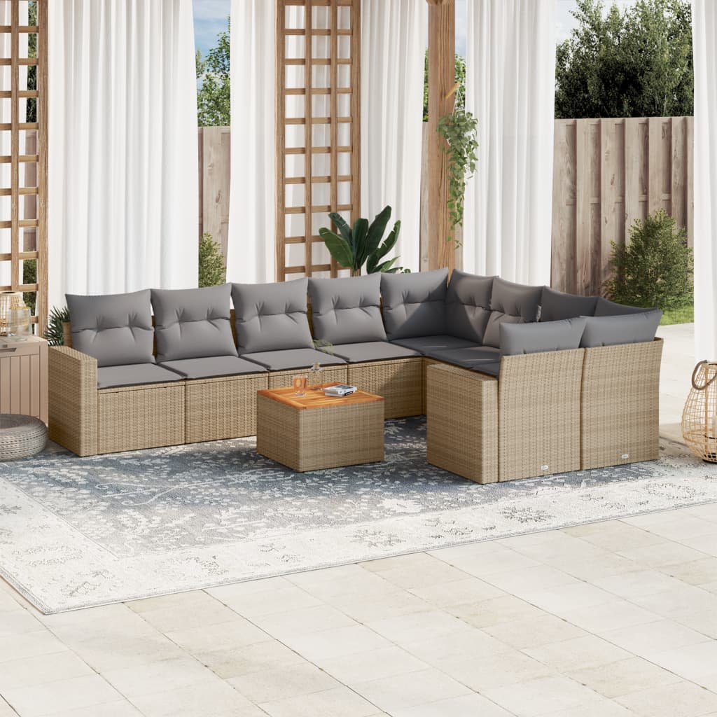 10 Pcs conjunto de sofás p/ jardim com almofadões vime PE bege