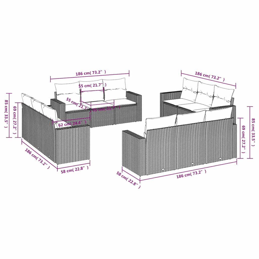 12 Pcs conjunto de sofás de jardim c/ almofadões vime PE preto