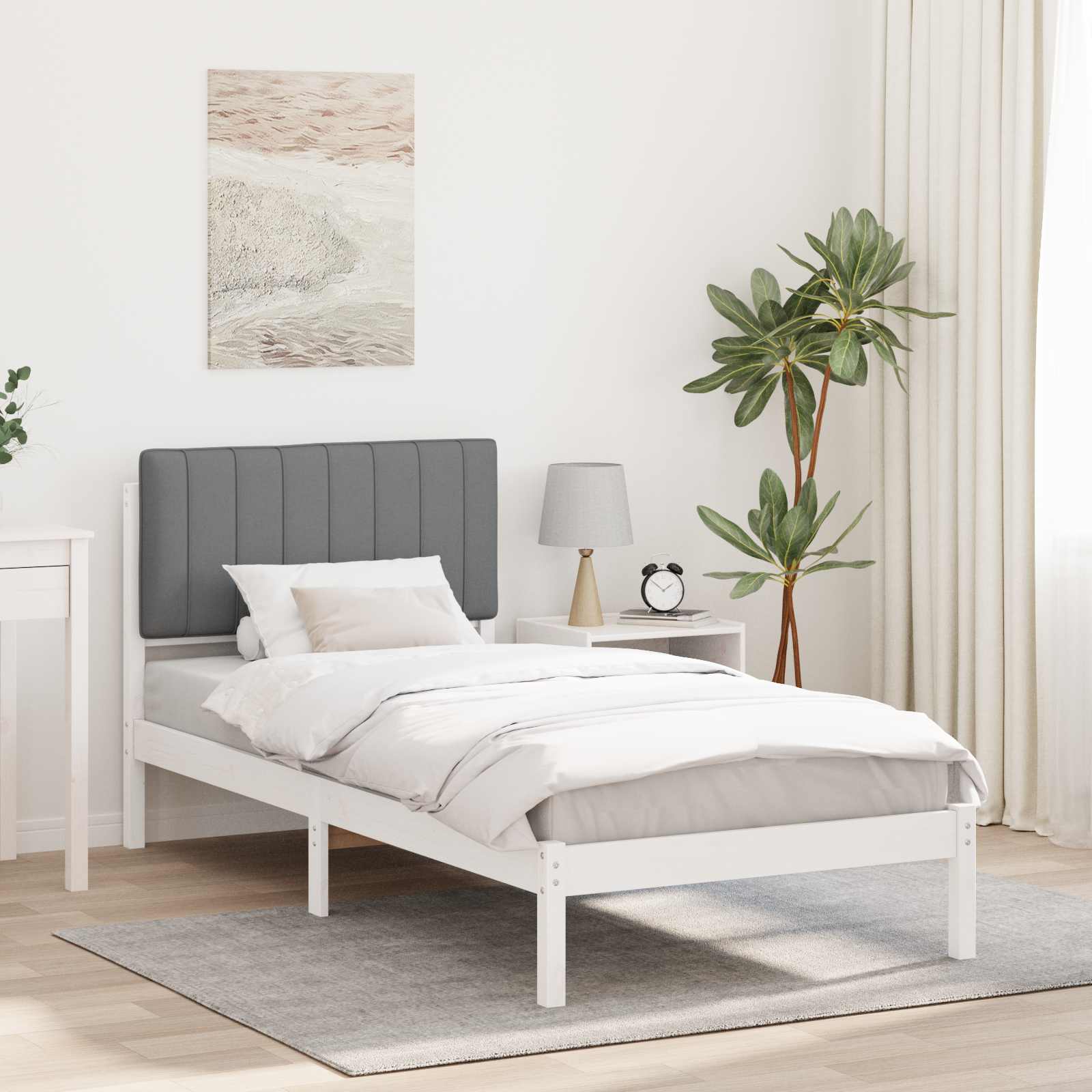 Estrutura de cama com cabeceira estofada branco e cinza claro