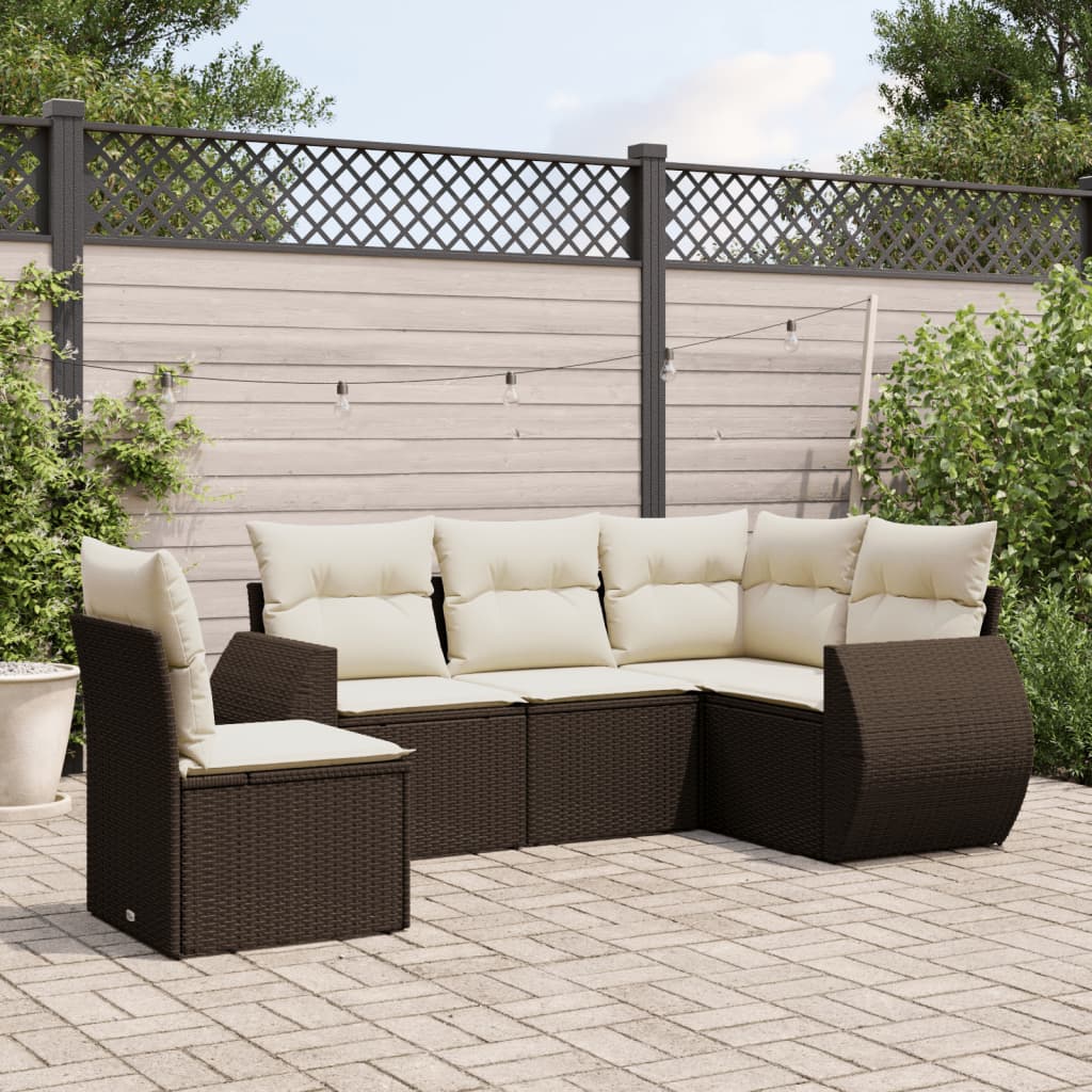5 Pcs conjunto sofás p/ jardim c/ almofadões vime PE castanho