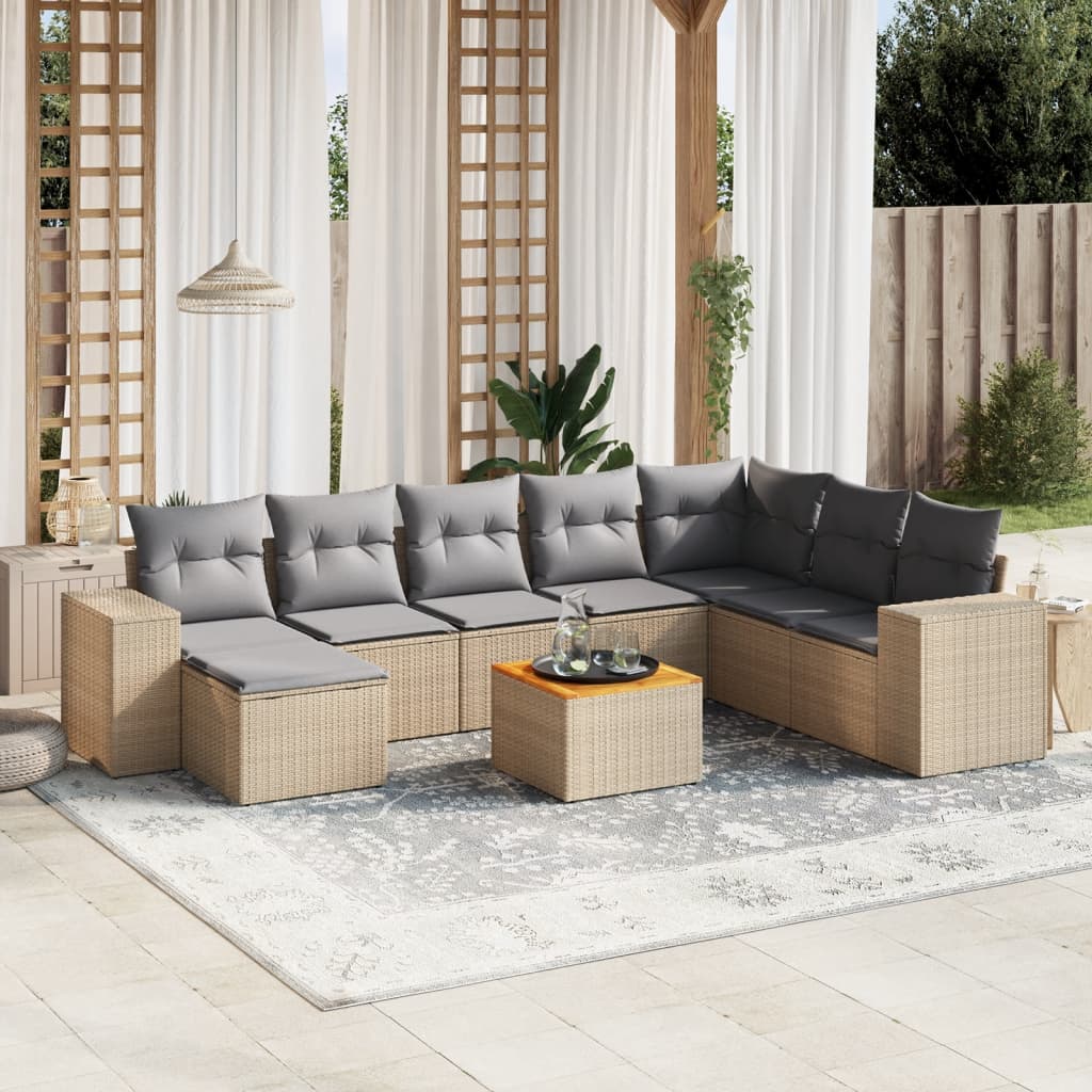 9 Pcs conjunto de sofás p/ jardim com almofadões vime PE bege