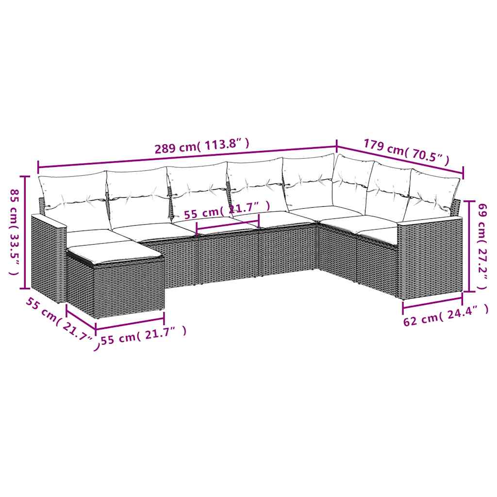 8 Pcs conjunto sofás de jardim com almofadões vime PE preto