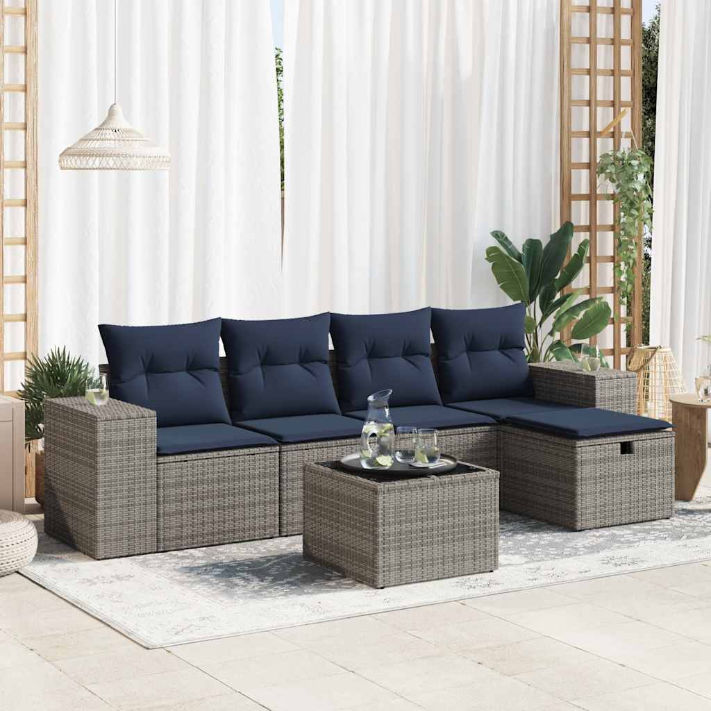 6 Pcs conjunto sofás de jardim com almofadões vime cinzento