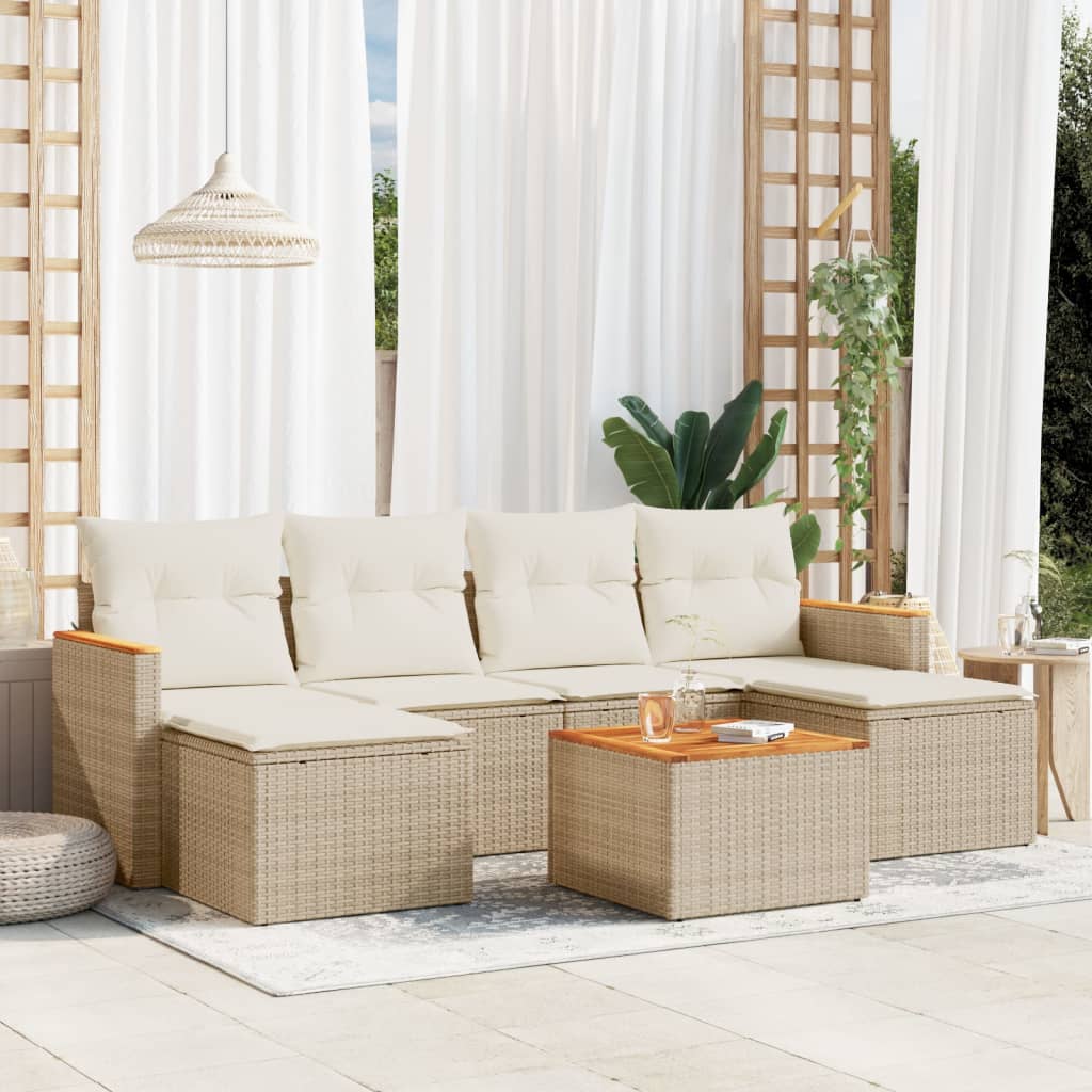 7 Pcs conjunto de sofás p/ jardim com almofadões vime PE bege