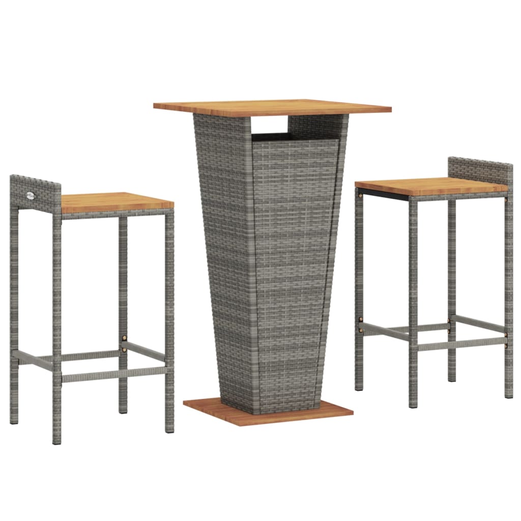 3 Pcs conjunto de bar p/ jardim vime PE/acácia maciça cinzento