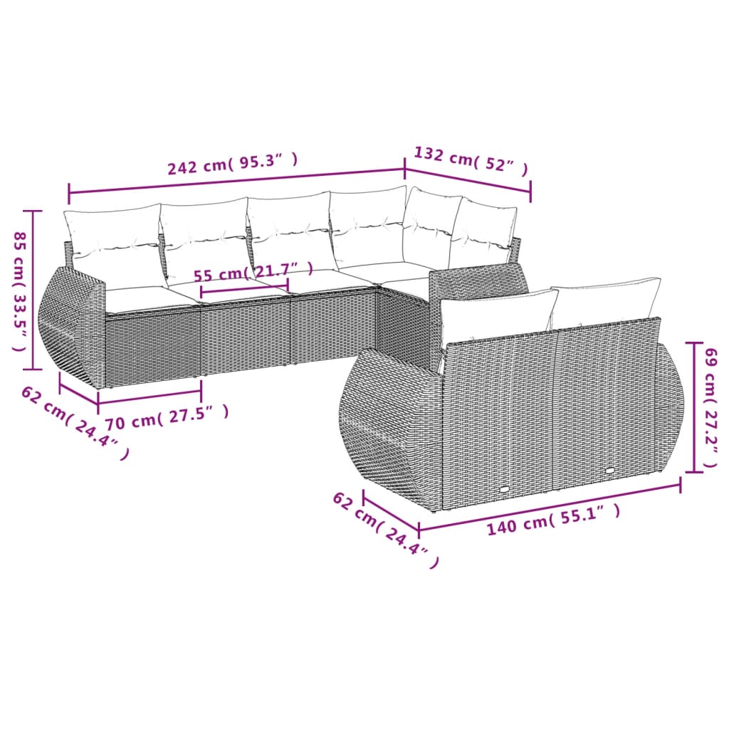 7 Pcs conjunto de sofás jardim c/ almofadões vime PE castanho