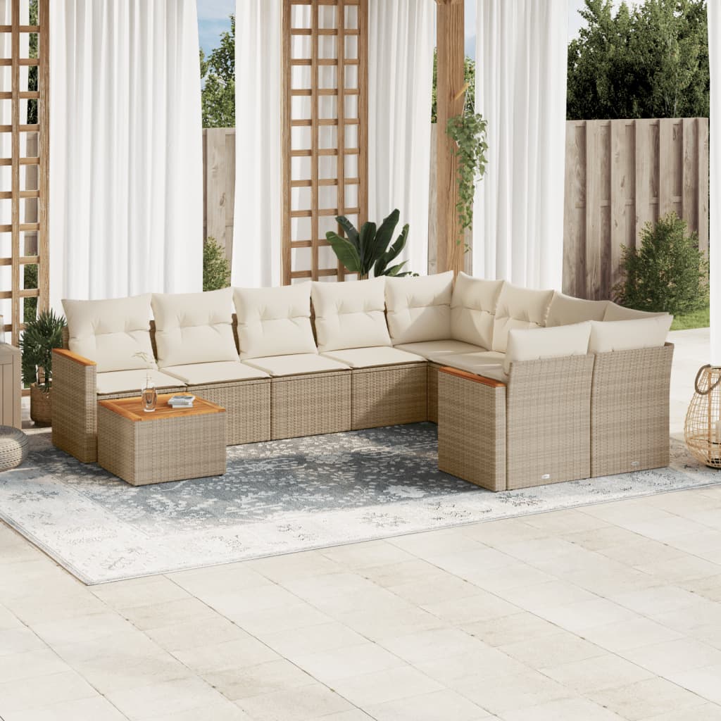 10 Pcs conjunto de sofás p/ jardim com almofadões vime PE bege