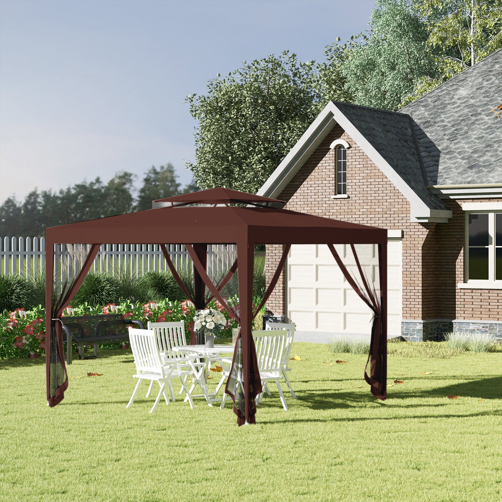 Pérgola jardim 297x297x268 cm redes mosquiteiras laterais teto ventilação orifícios drenagem resistente intempéries castanho