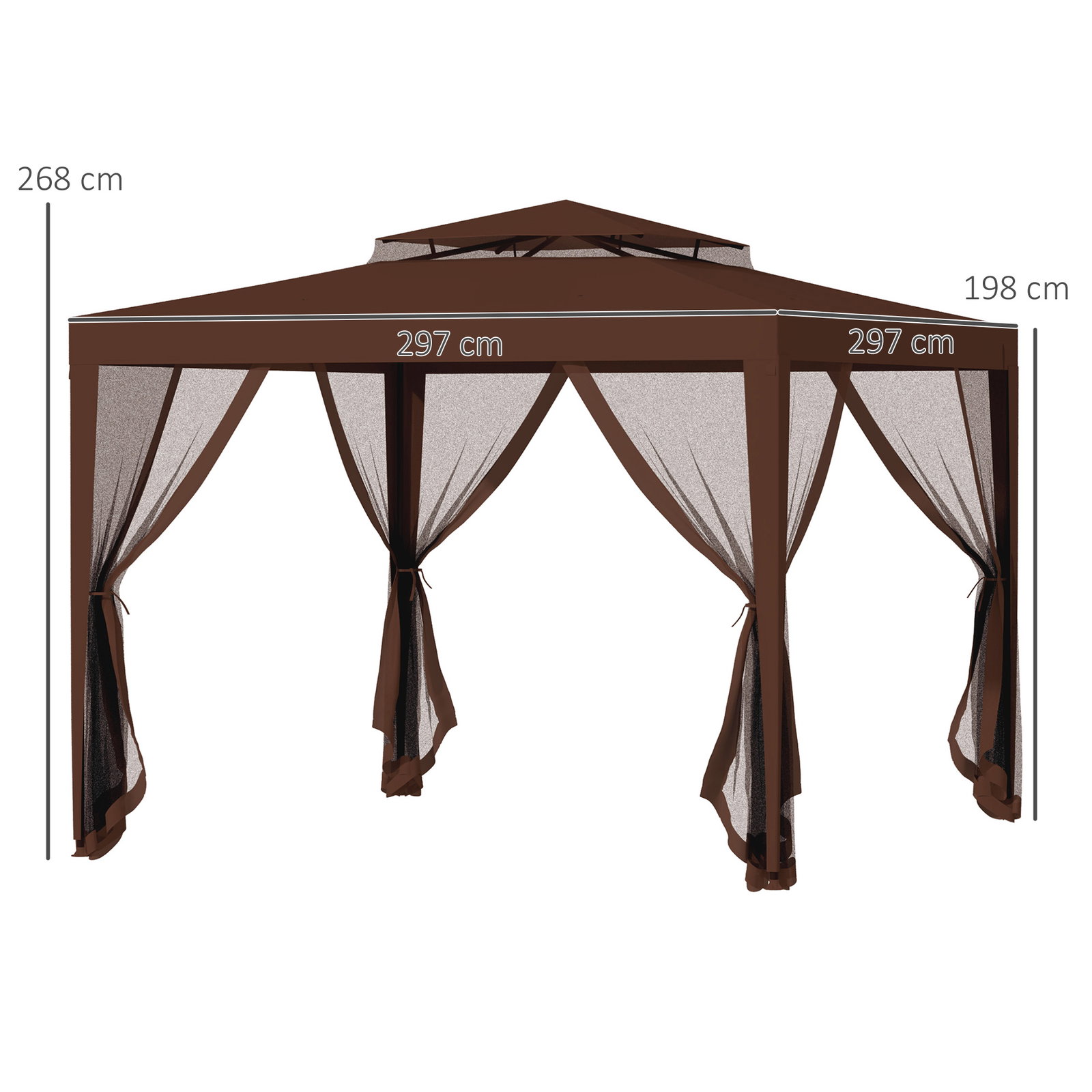 Pérgola jardim 297x297x268 cm redes mosquiteiras laterais teto ventilação orifícios drenagem resistente intempéries castanho