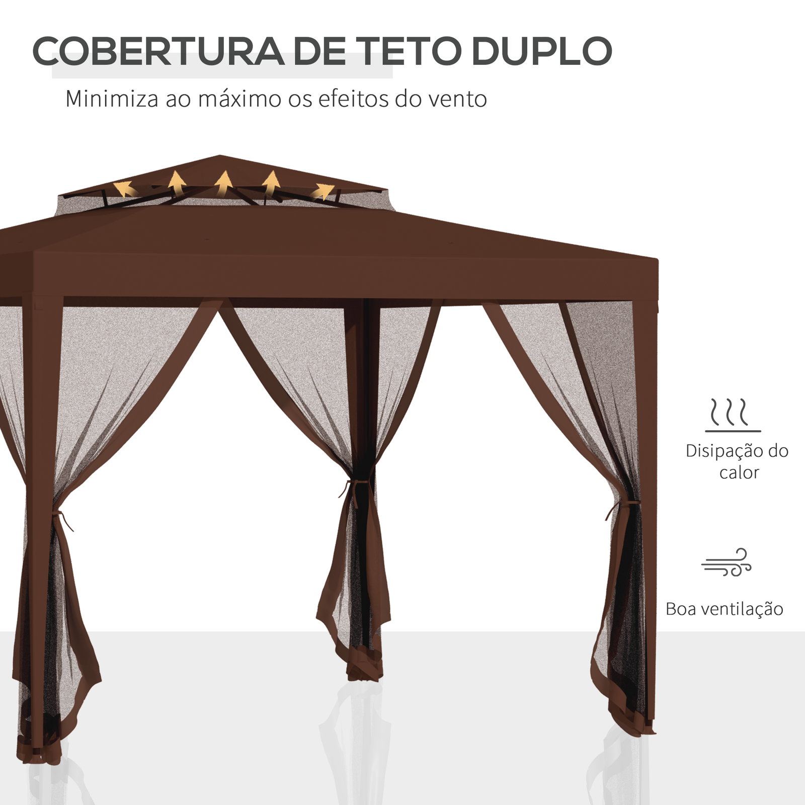 Pérgola jardim 297x297x268 cm redes mosquiteiras laterais teto ventilação orifícios drenagem resistente intempéries castanho