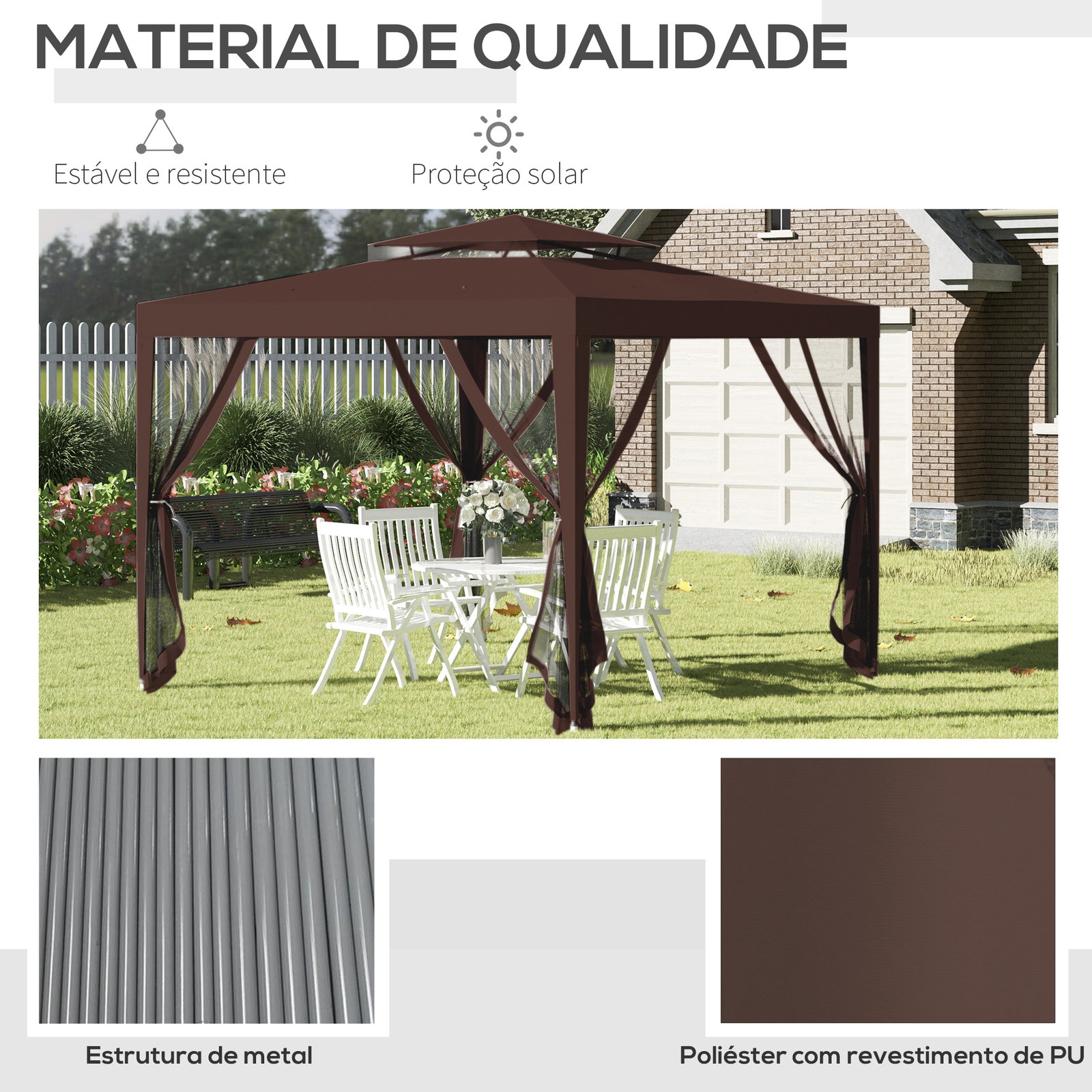 Pérgola jardim 297x297x268 cm redes mosquiteiras laterais teto ventilação orifícios drenagem resistente intempéries castanho