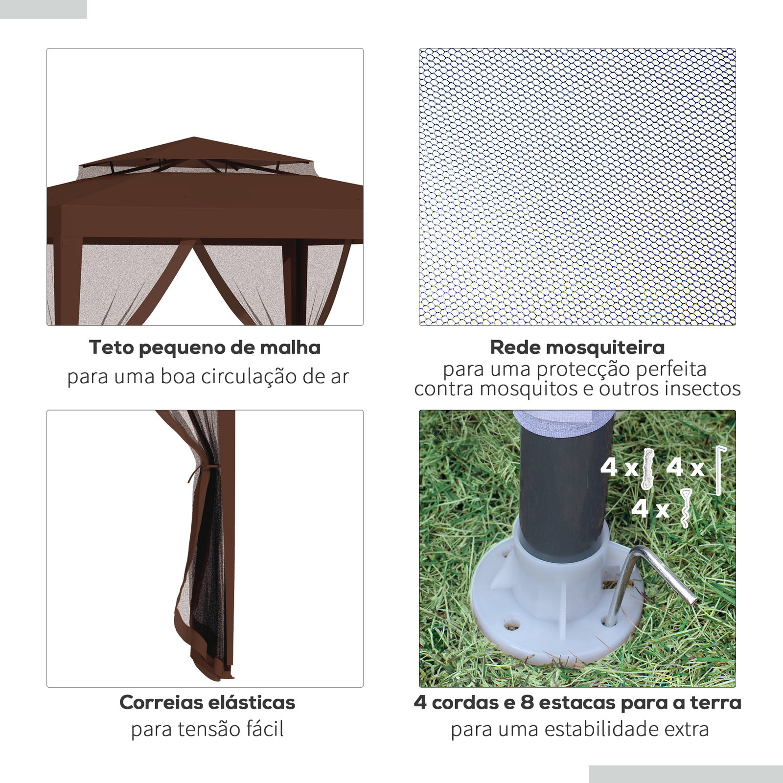 Pérgola jardim 297x297x268 cm redes mosquiteiras laterais teto ventilação orifícios drenagem resistente intempéries castanho