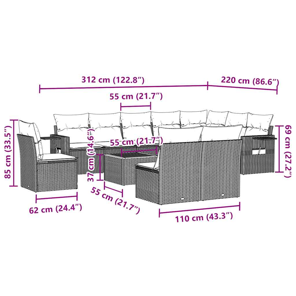 11 Pcs conjunto sofás de jardim c/ almofadões vime PE preto
