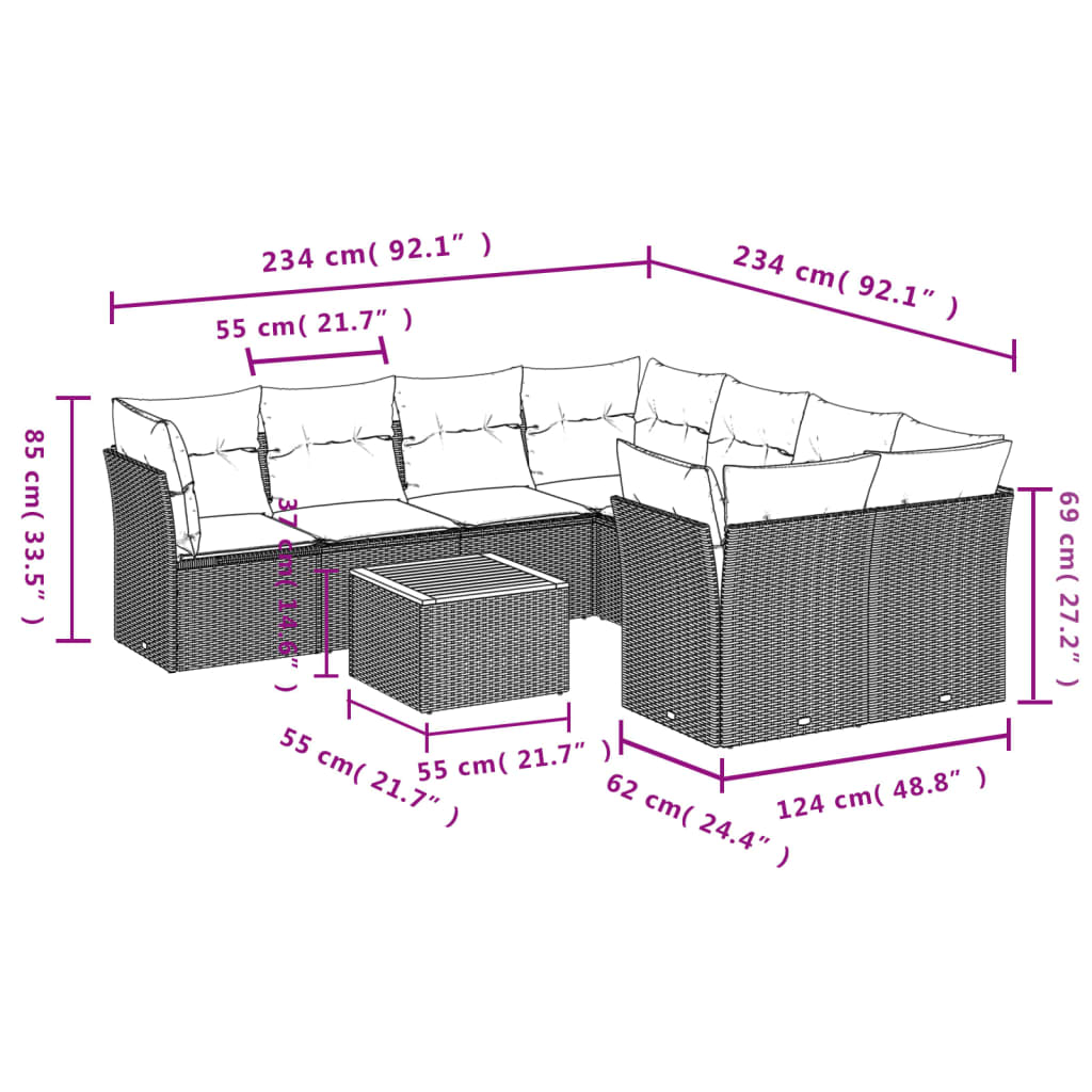 9 Pcs conjunto de sofás p/ jardim com almofadões vime PE bege