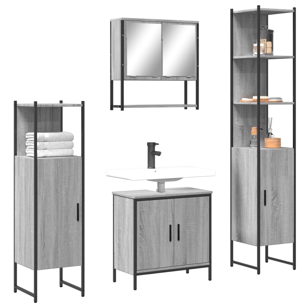 4 Pcs conjunto móveis casa de banho madeira proc. cinza sonoma