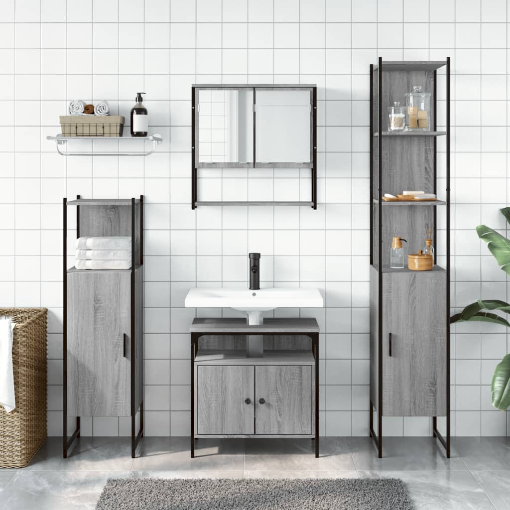 4 Pcs conjunto móveis casa de banho madeira proc. cinza sonoma
