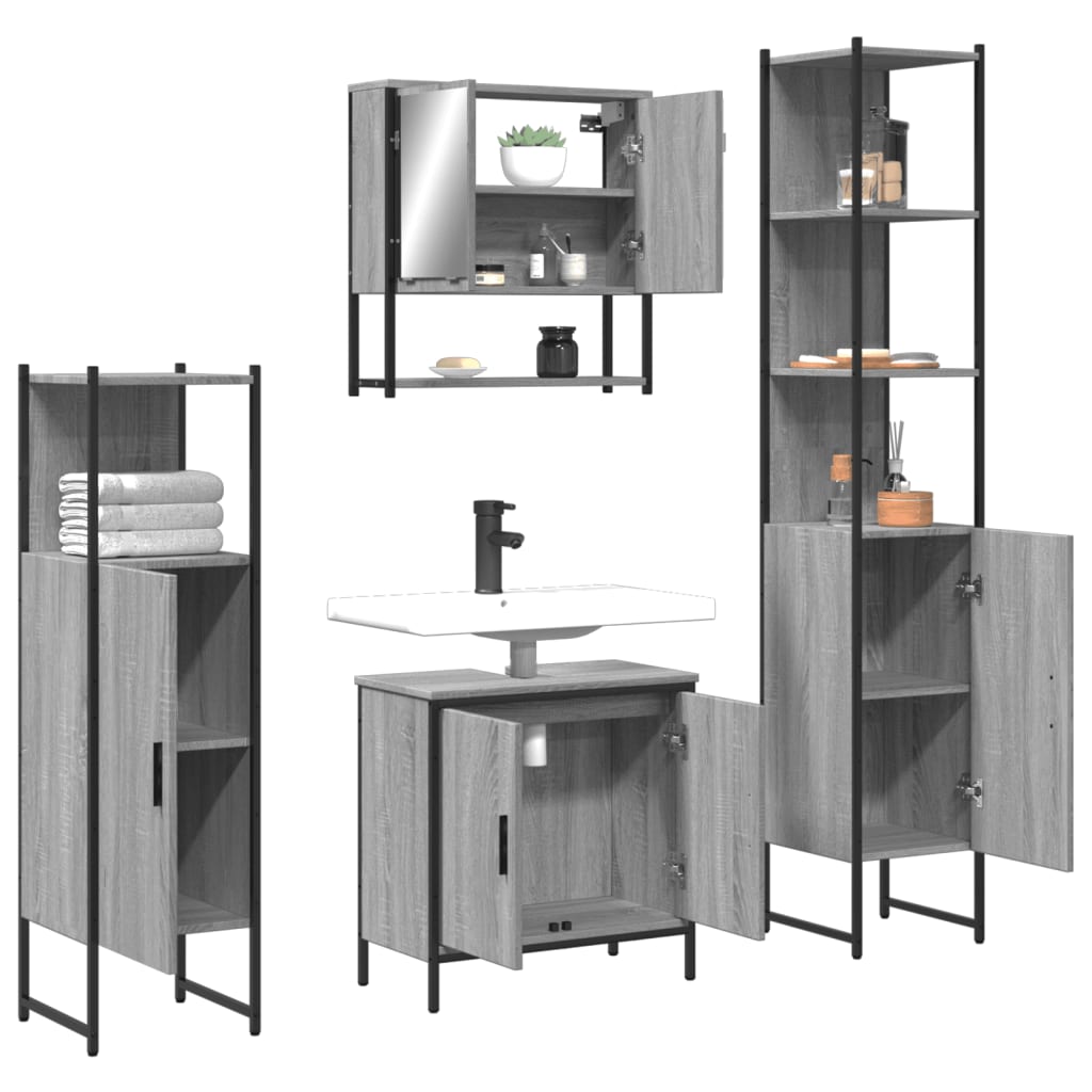 4 Pcs conjunto móveis casa de banho madeira proc. cinza sonoma