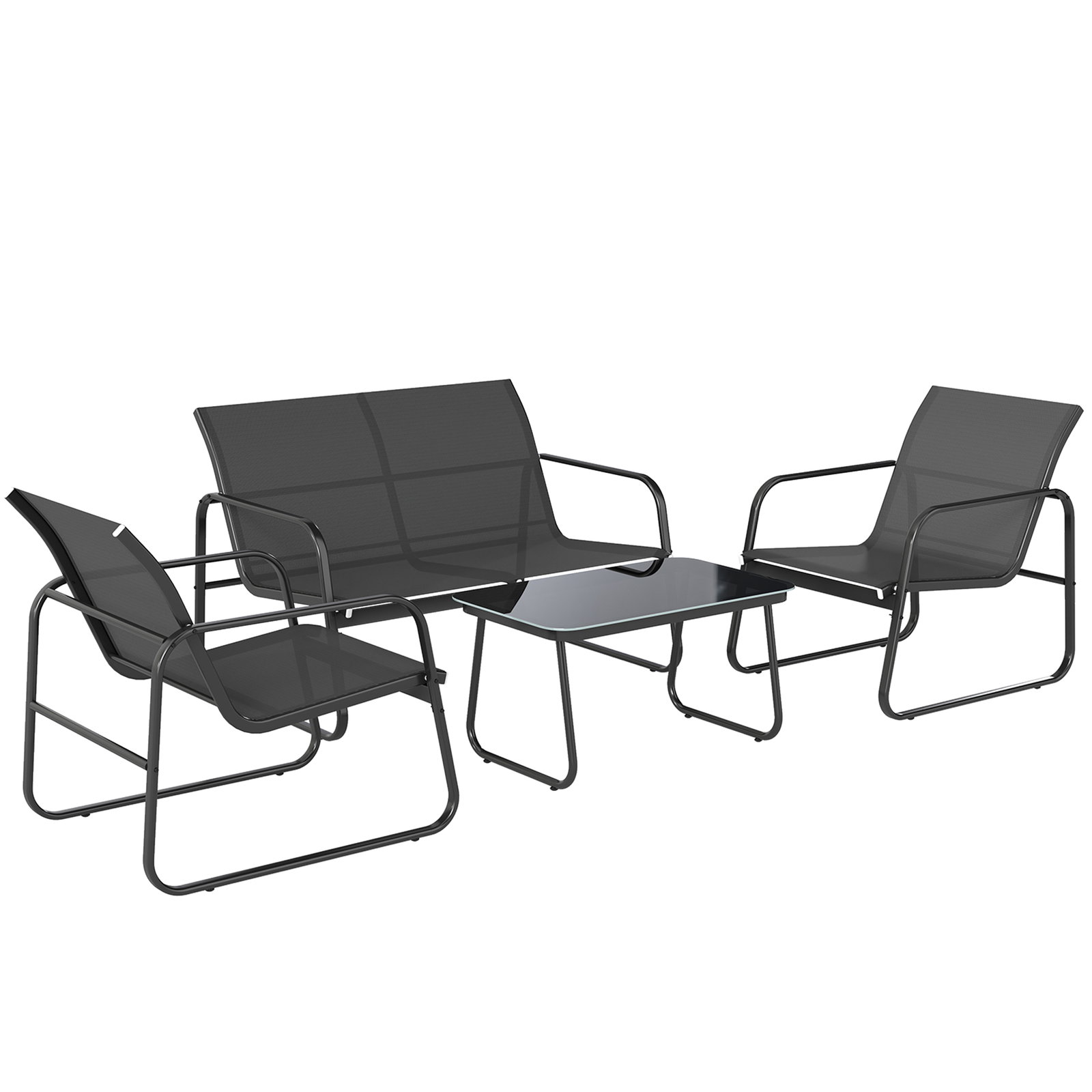 Conjunto jardim de 4 peças com sofá de 2 lugares 2 poltronas mesa de vidro temperado tecido textilene respirável cinza escuro