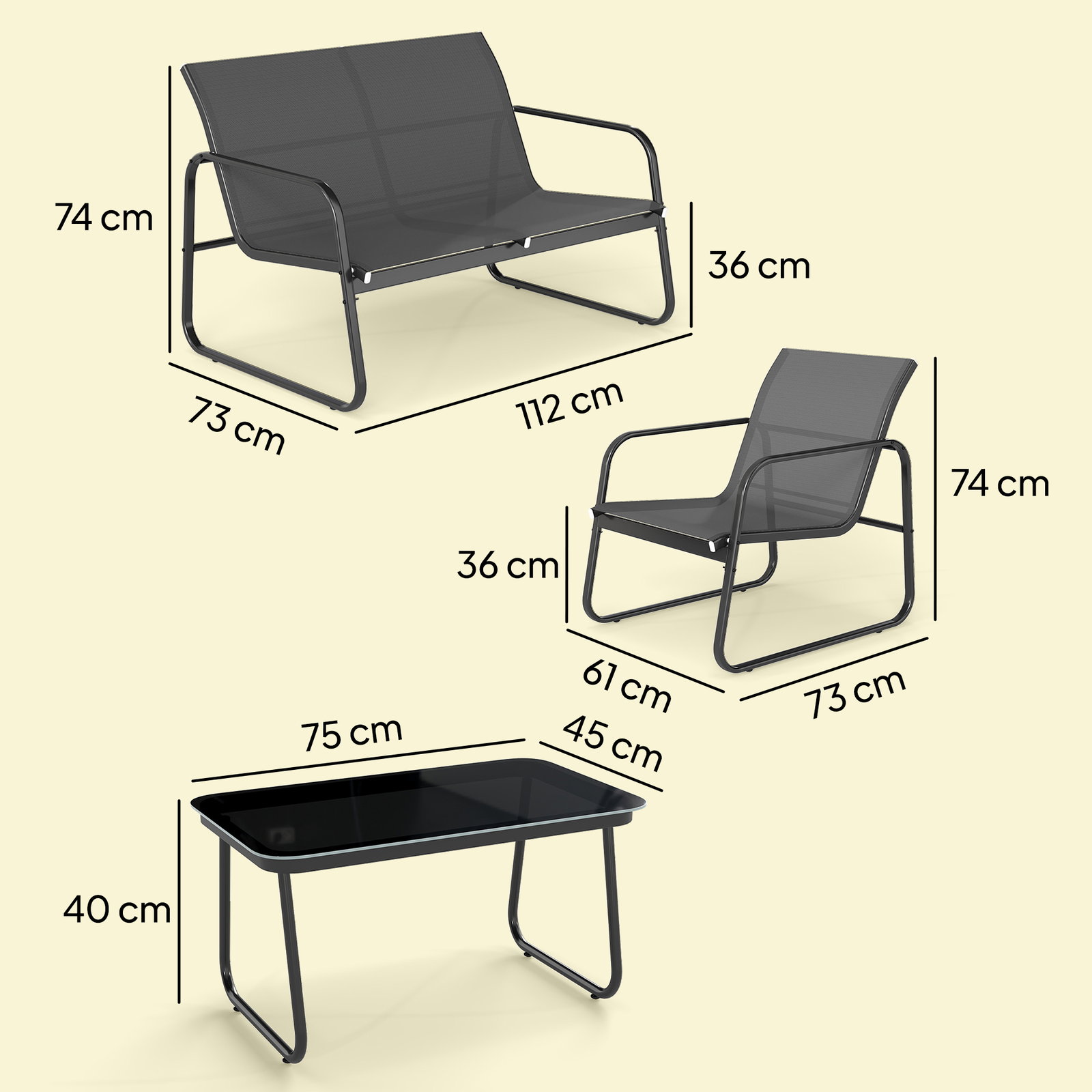 Conjunto jardim de 4 peças com sofá de 2 lugares 2 poltronas mesa de vidro temperado tecido textilene respirável cinza escuro