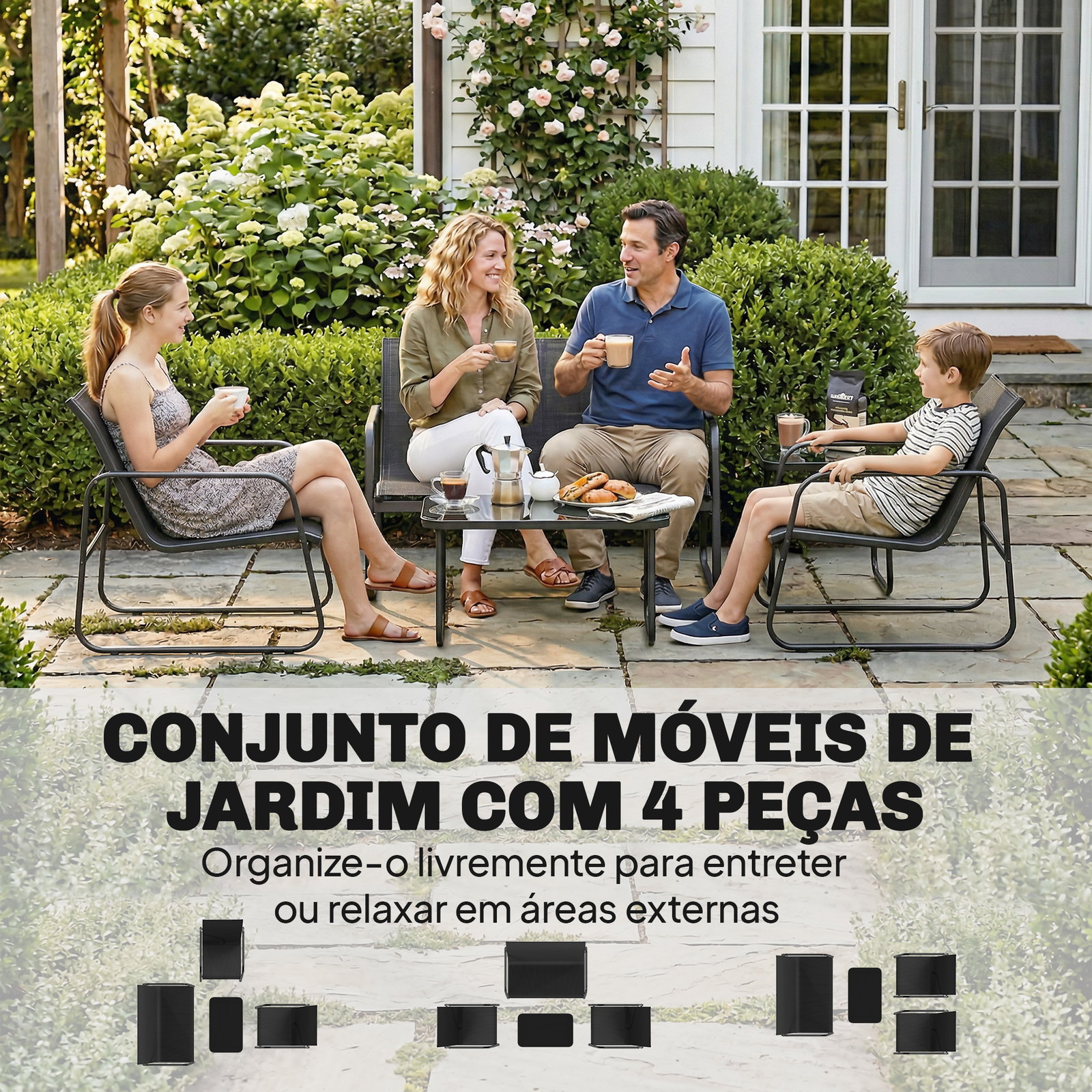Conjunto jardim de 4 peças com sofá de 2 lugares 2 poltronas mesa de vidro temperado tecido textilene respirável cinza escuro