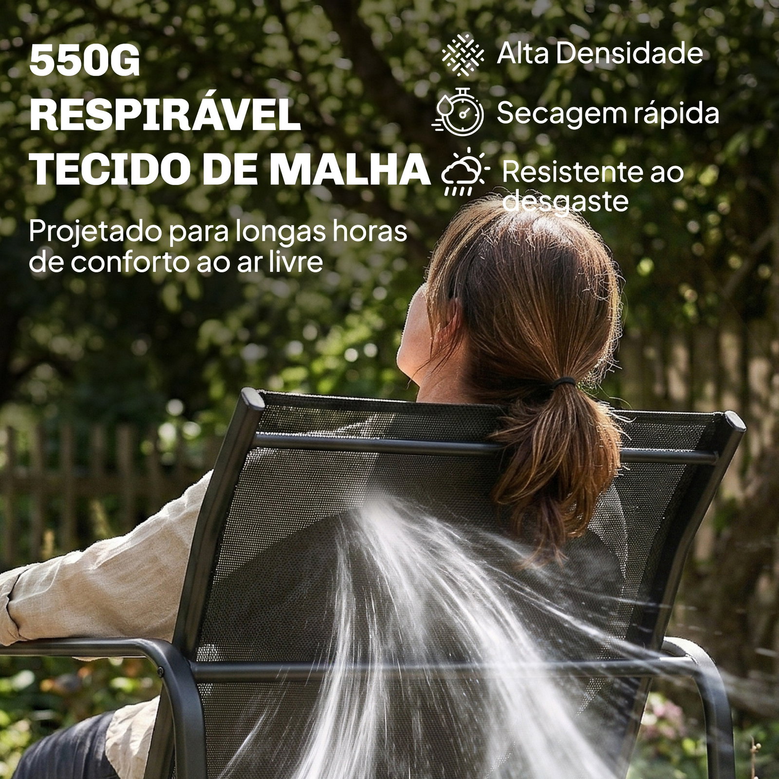 Conjunto jardim de 4 peças com sofá de 2 lugares 2 poltronas mesa de vidro temperado tecido textilene respirável cinza escuro