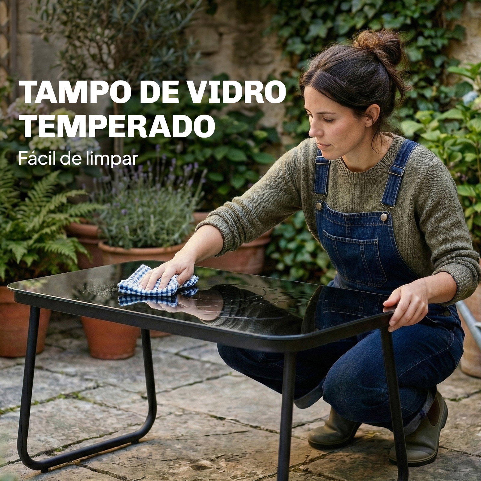 Conjunto jardim de 4 peças com sofá de 2 lugares 2 poltronas mesa de vidro temperado tecido textilene respirável cinza escuro