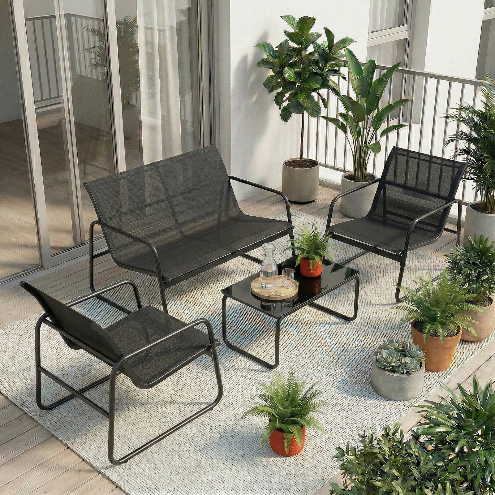 Conjunto jardim de 4 peças com sofá de 2 lugares 2 poltronas mesa de vidro temperado tecido textilene respirável cinza escuro