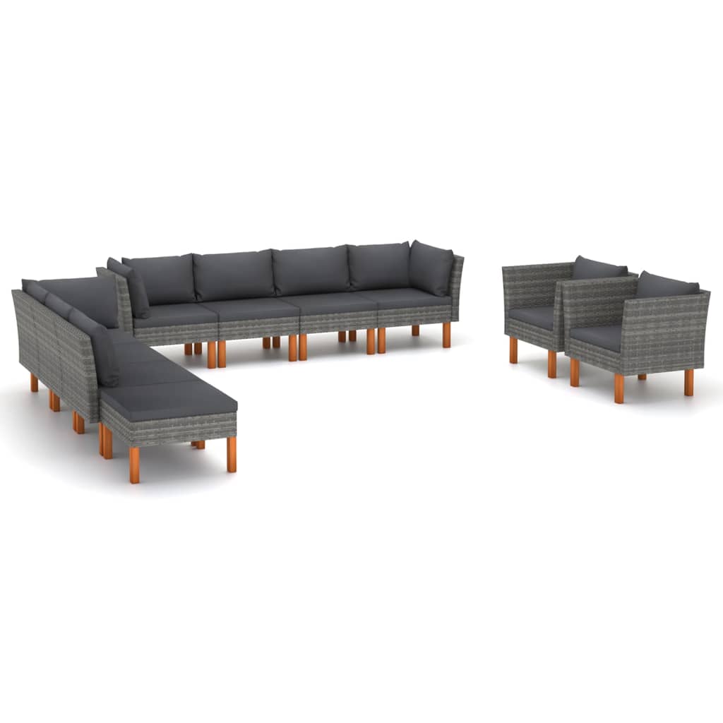 10 Pcs conj. lounge jardim vime PE e madeira eucalipto cinzento