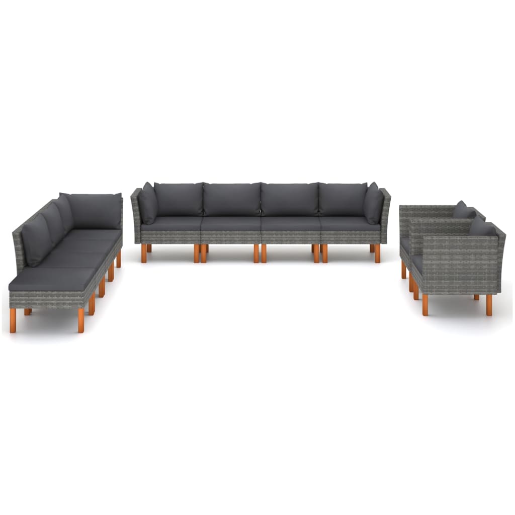 10 Pcs conj. lounge jardim vime PE e madeira eucalipto cinzento