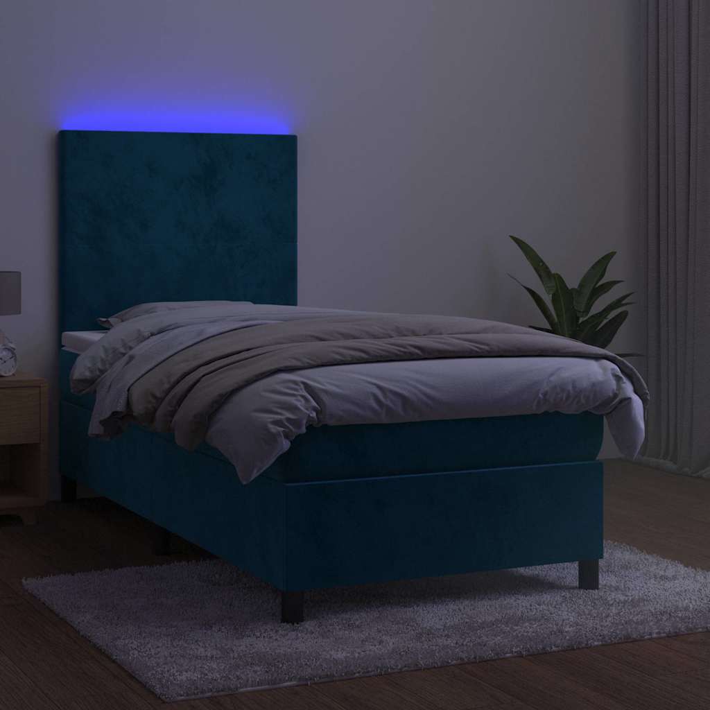 Cama box spring c/ colchão/LED 100x200 cm veludo azul-escuro