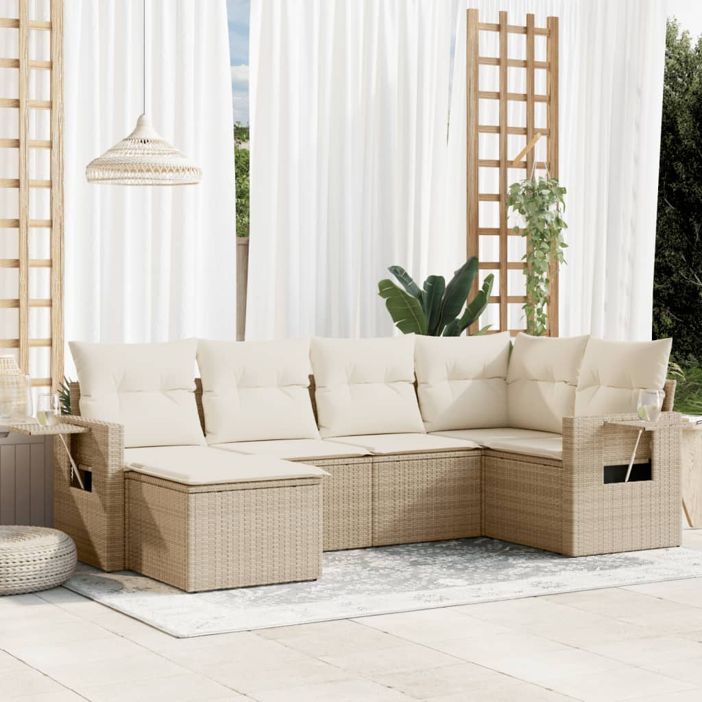 6 Pcs conjunto de sofás p/ jardim com almofadões vime PE bege