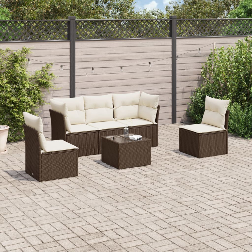 6 Pcs conjunto de sofás jardim c/ almofadões vime PE castanho
