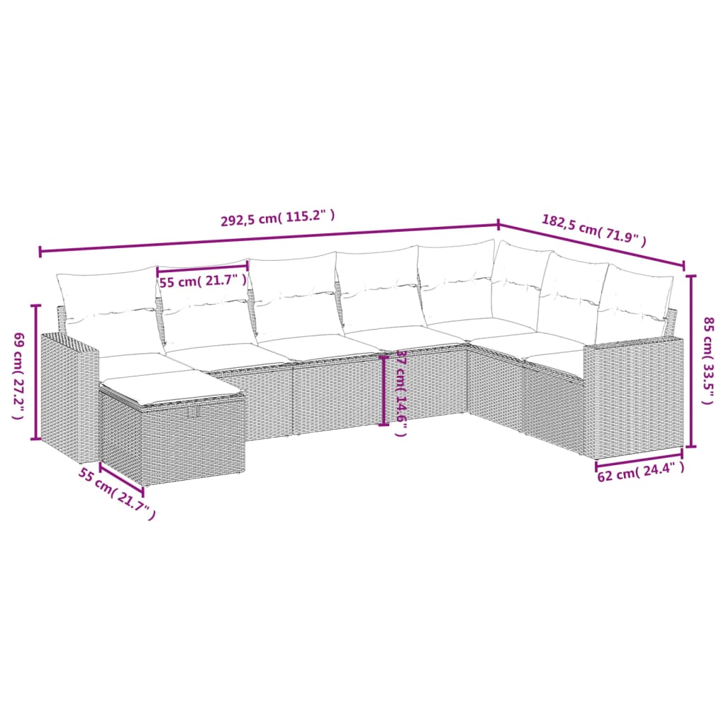 8 Pcs conjunto de sofás p/ jardim com almofadões vime PE bege