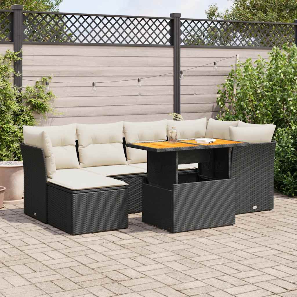 7 Pcs conjunto de sofás p/ jardim c/ almofadões vime PE preto