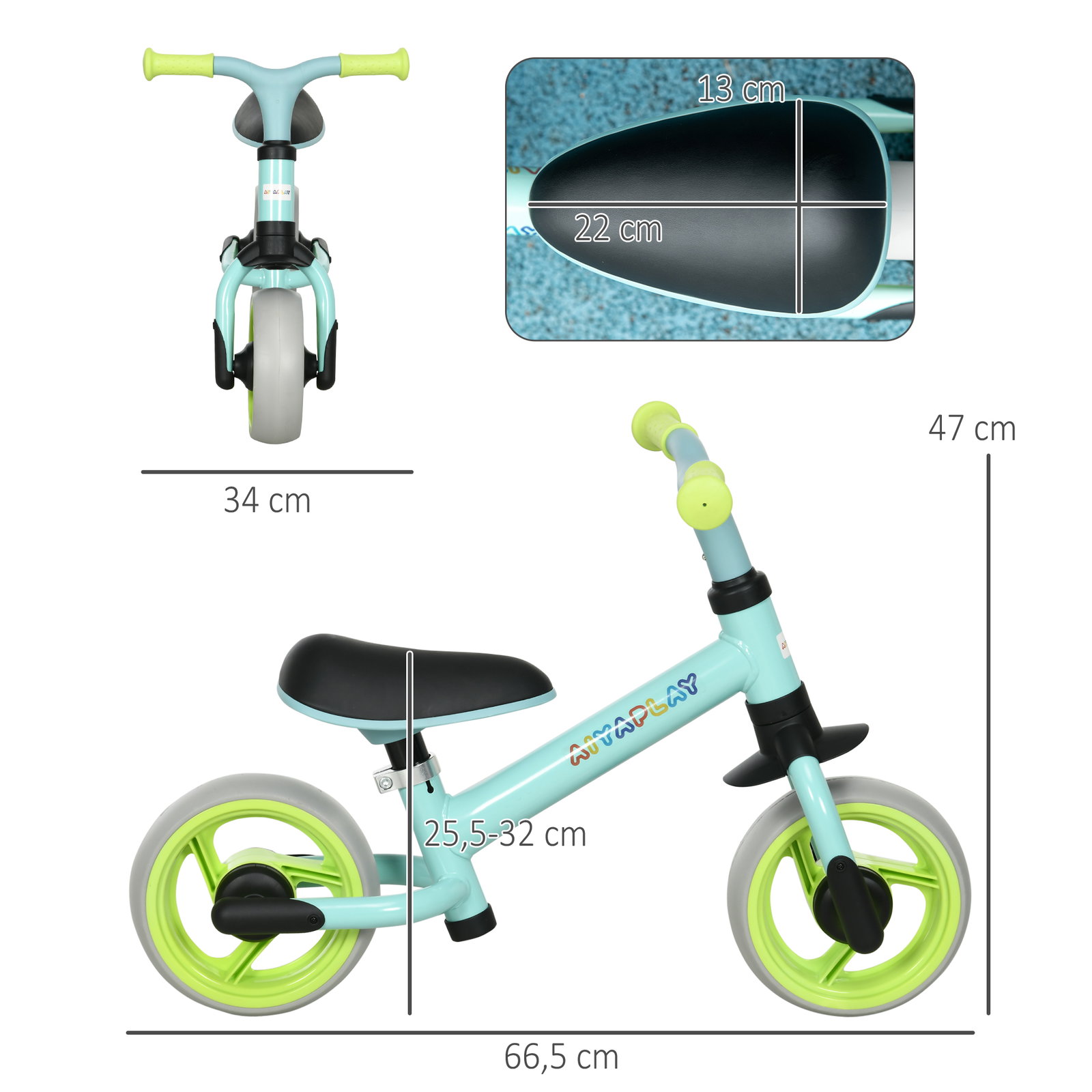 Bicicleta sem pedais para crianças de 18-48 meses bicicleta de equilíbrio com assento ajustável em altura 66,5x34x47 cm verde