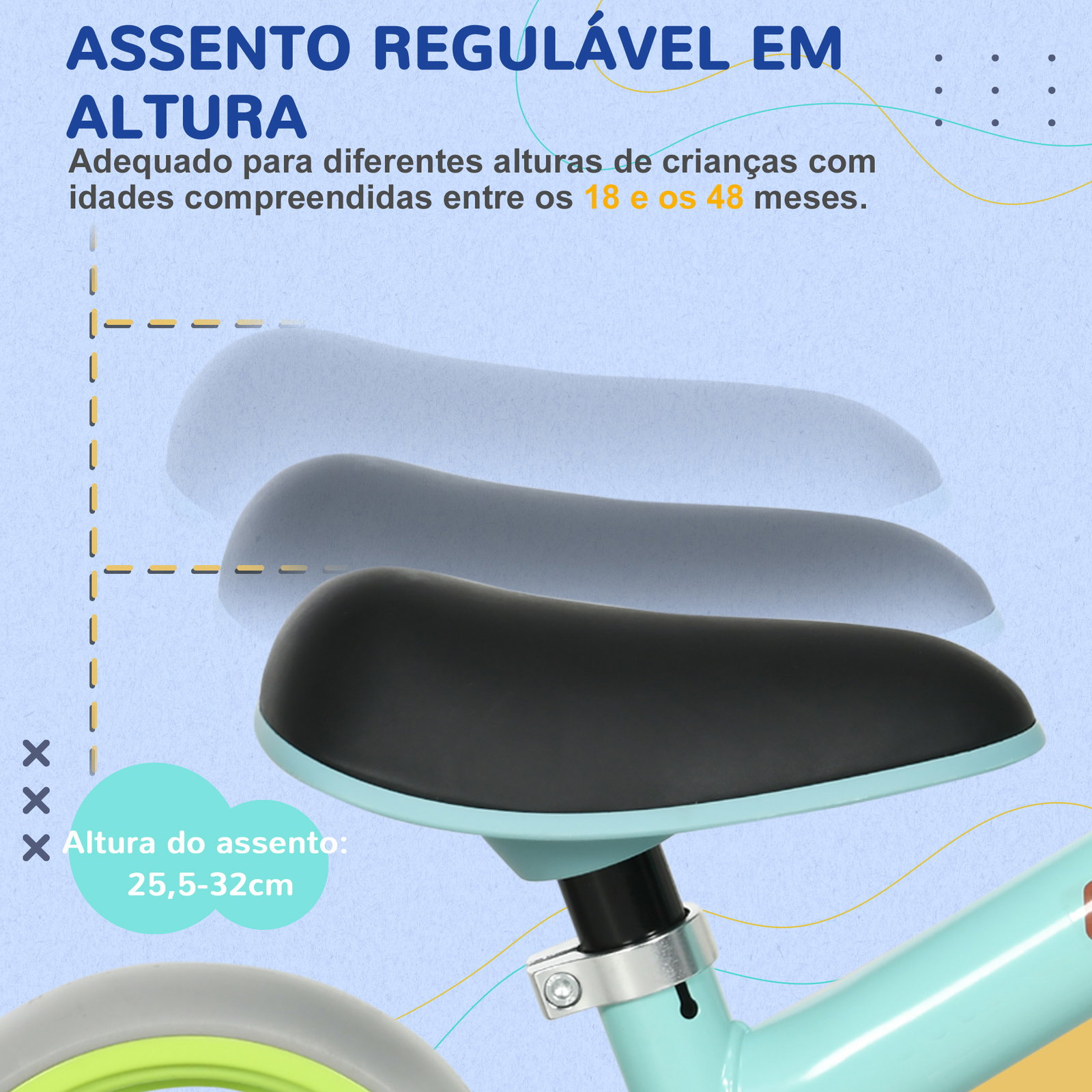 Bicicleta sem pedais para crianças de 18-48 meses bicicleta de equilíbrio com assento ajustável em altura 66,5x34x47 cm verde