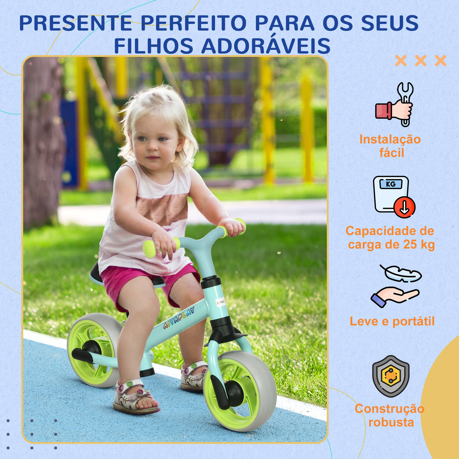 Bicicleta sem pedais para crianças de 18-48 meses bicicleta de equilíbrio com assento ajustável em altura 66,5x34x47 cm verde