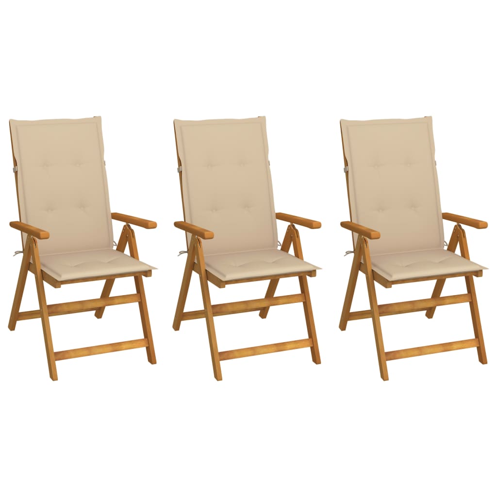 Cadeiras de jardim dobráveis c/ almofadões 3 pcs acácia maciça