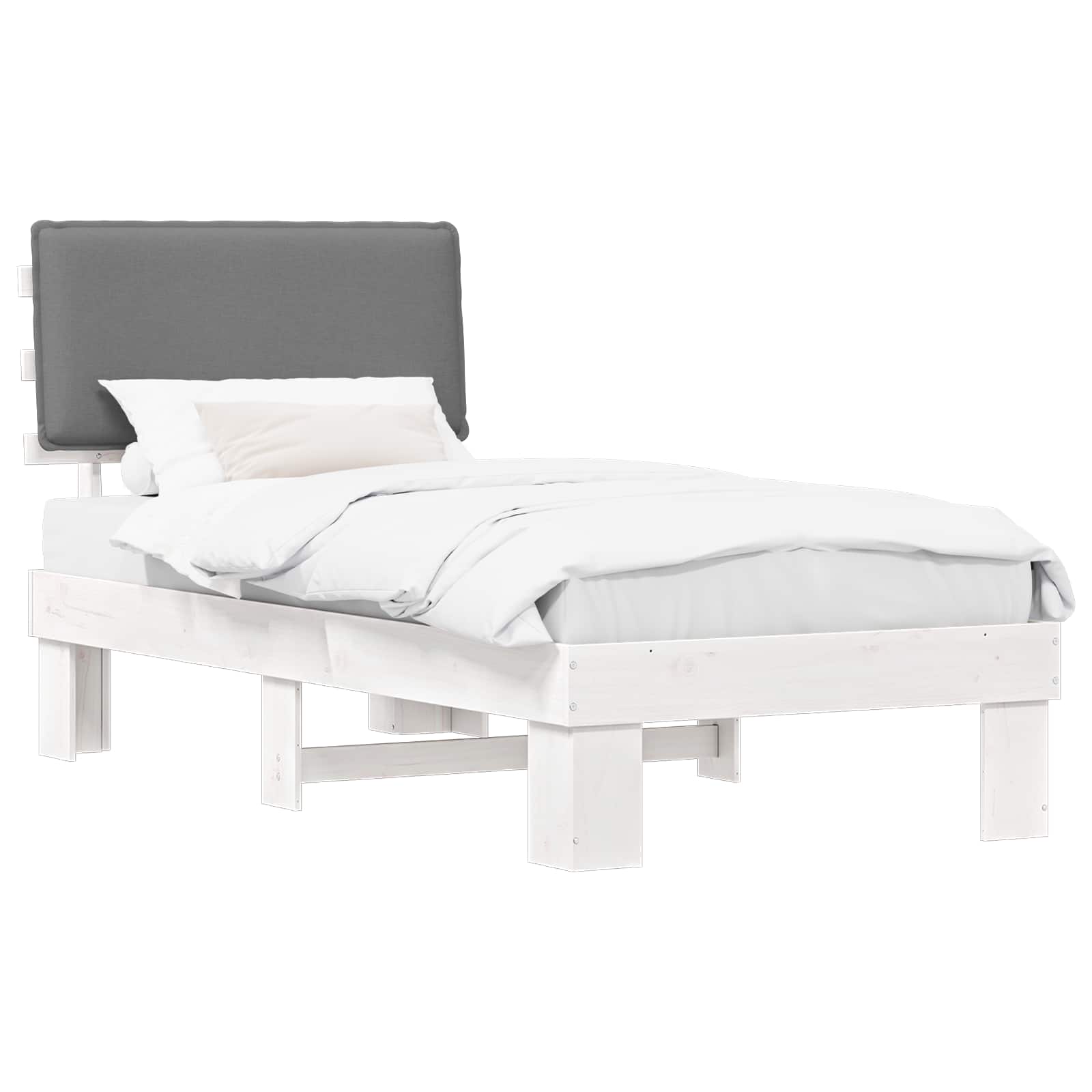 Estrutura de cama com cabeceira estofada cinzento-claro