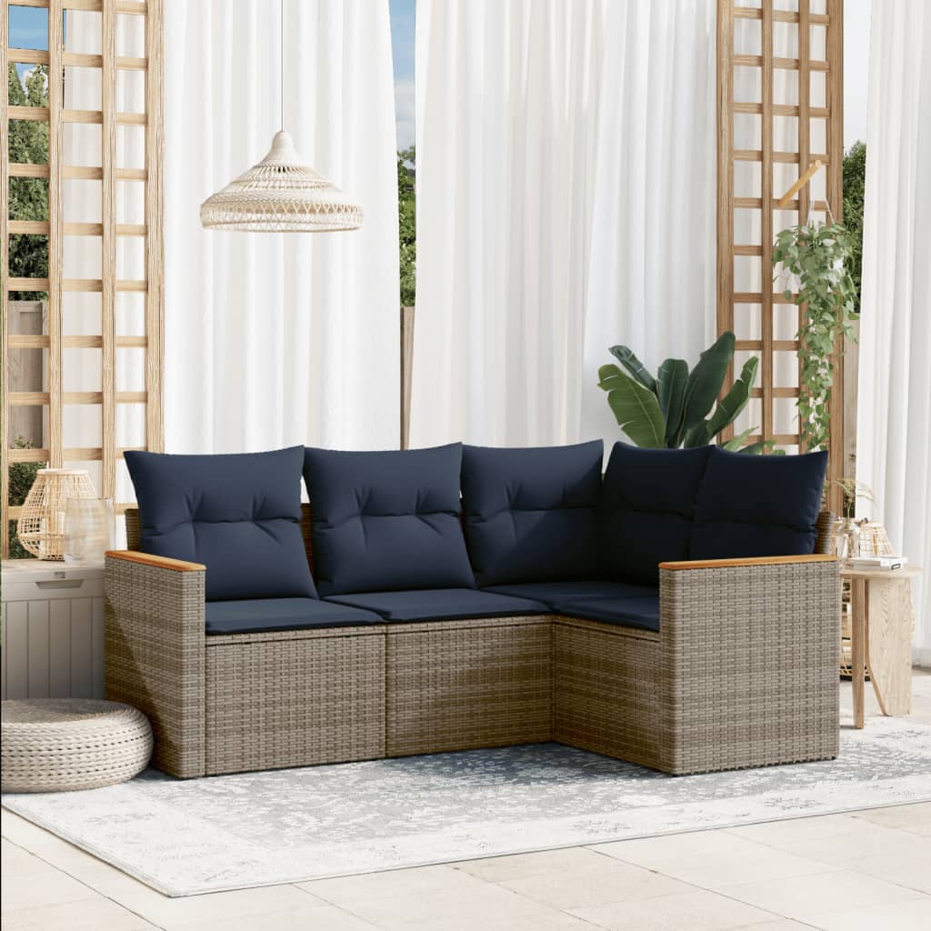 Conjunto de sofá de jardim com 4 peças e almofadas em rattan sintético cinza