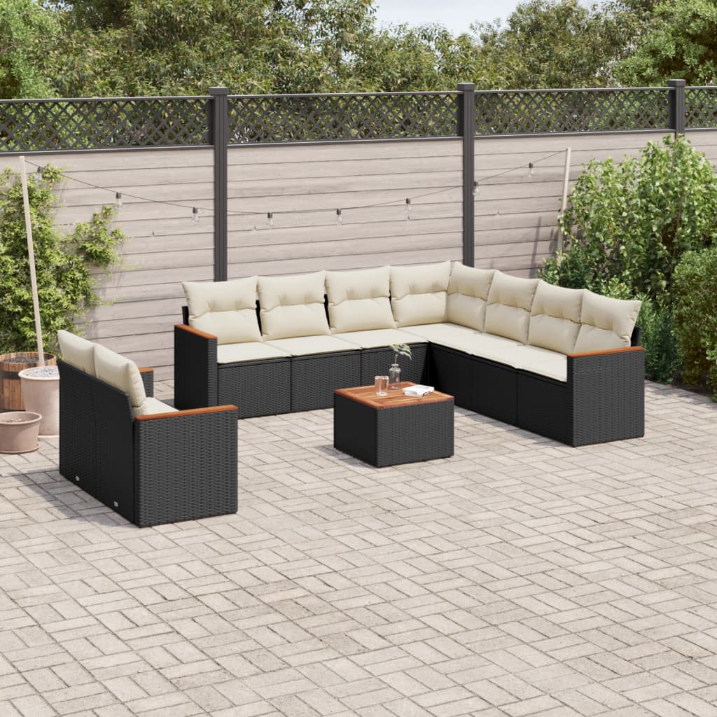 10 Pcs conjunto sofás de jardim c/ almofadões vime PE preto