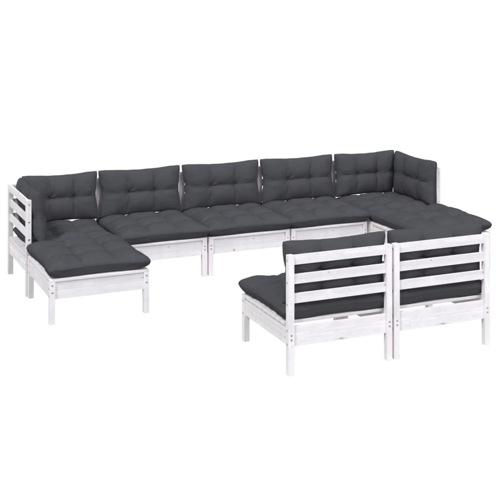 9 Pcs conjunto lounge de jardim c/ almofadões pinho branco