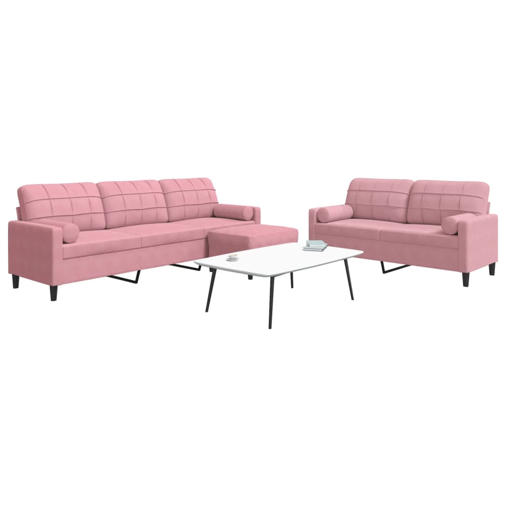 3 Pcs conjunto de sofás com almofadões e rolos veludo rosa