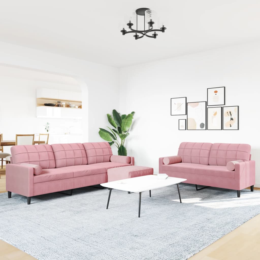 3 Pcs conjunto de sofás com almofadões e rolos veludo rosa