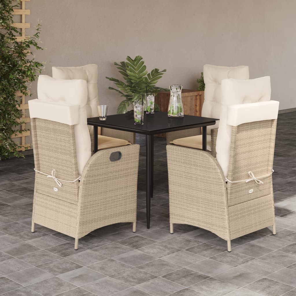 5 Pcs conjunto de jantar p/ jardim com almofadões vime PE bege