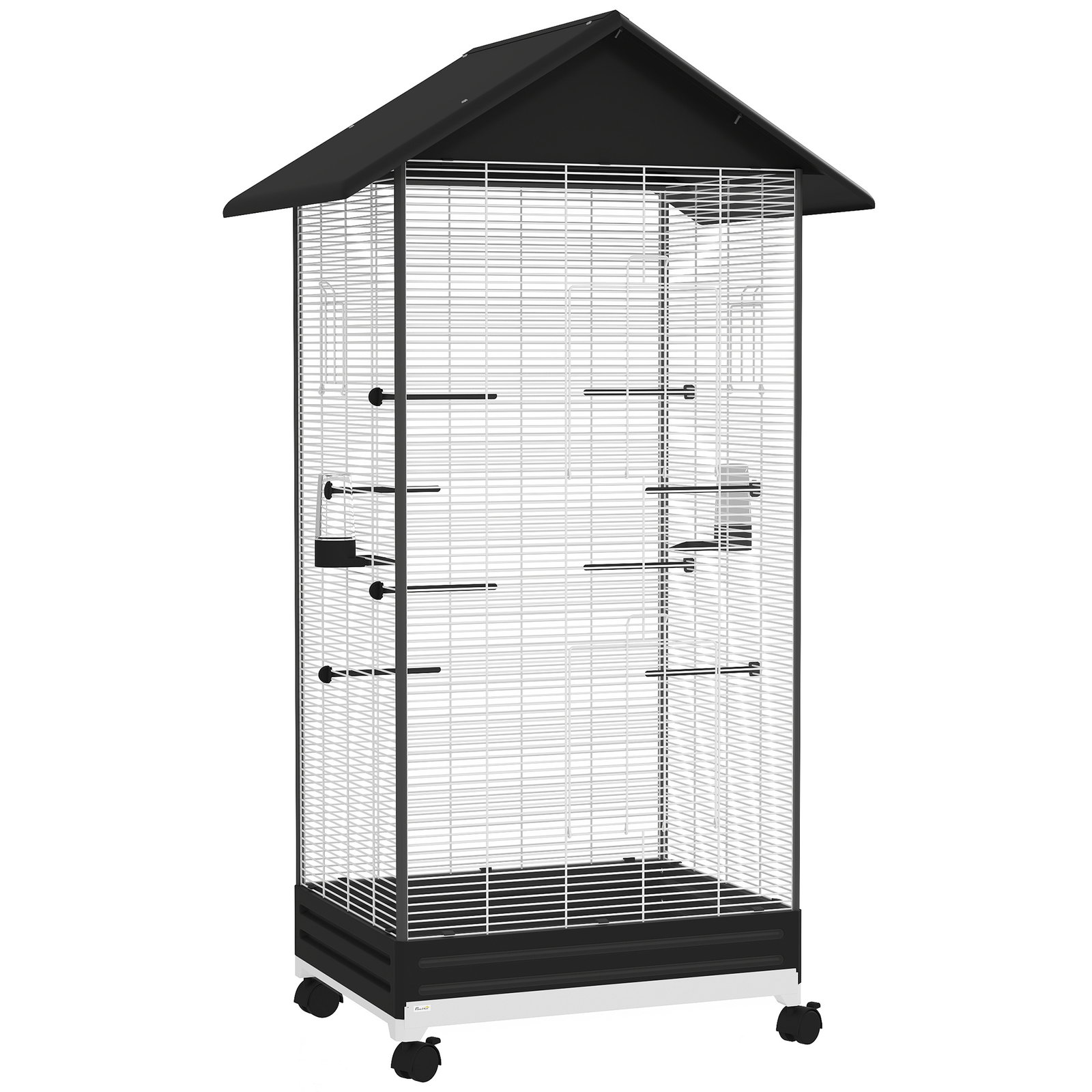 Gaiola para pássaros metálica com com rodas bandeja amovível 4 portas 2 comedouros e 8 poleiros 79x65x155 cm preto